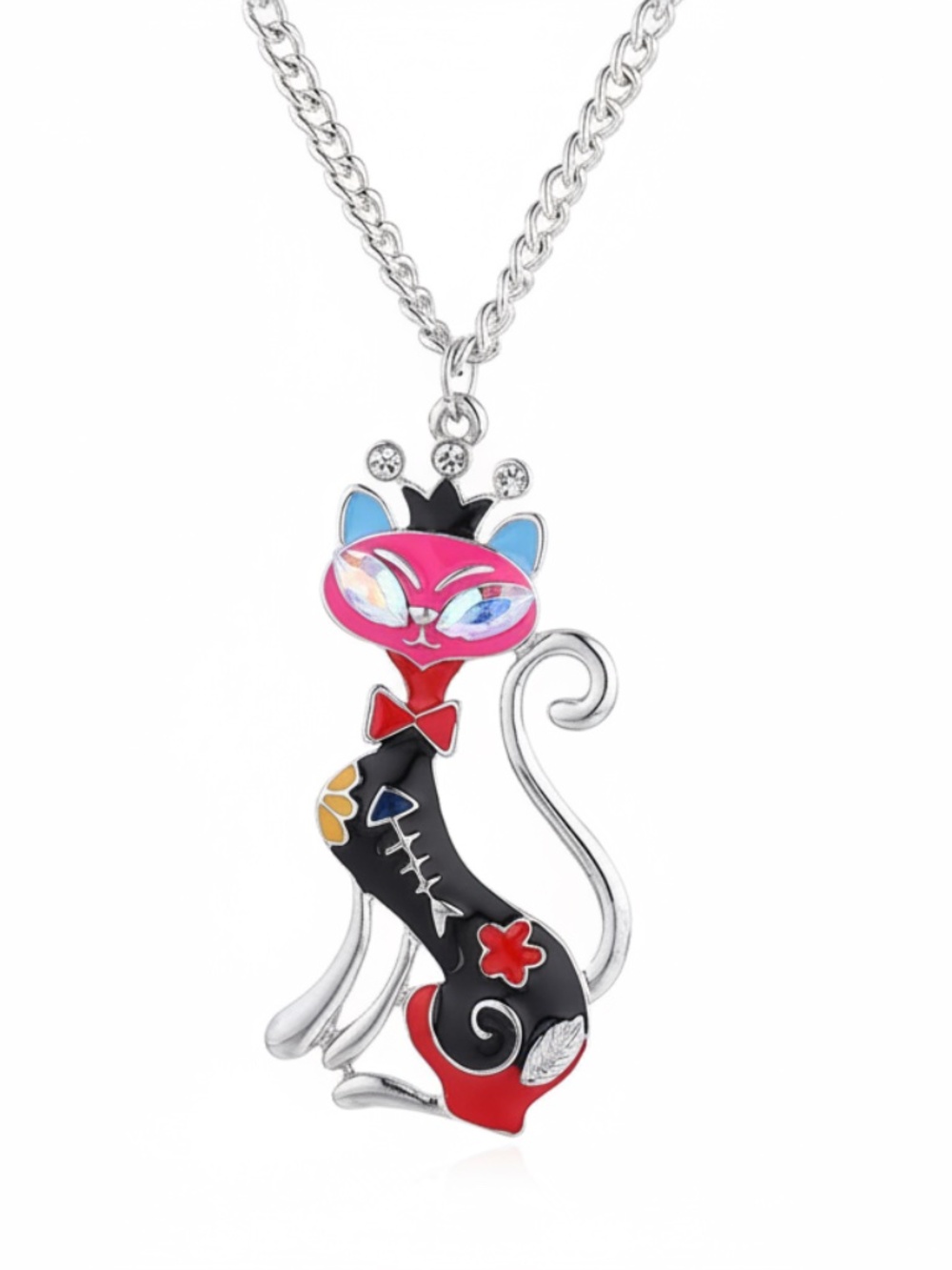 Womens Silver Tone Chain Cat Pendant Necklace
